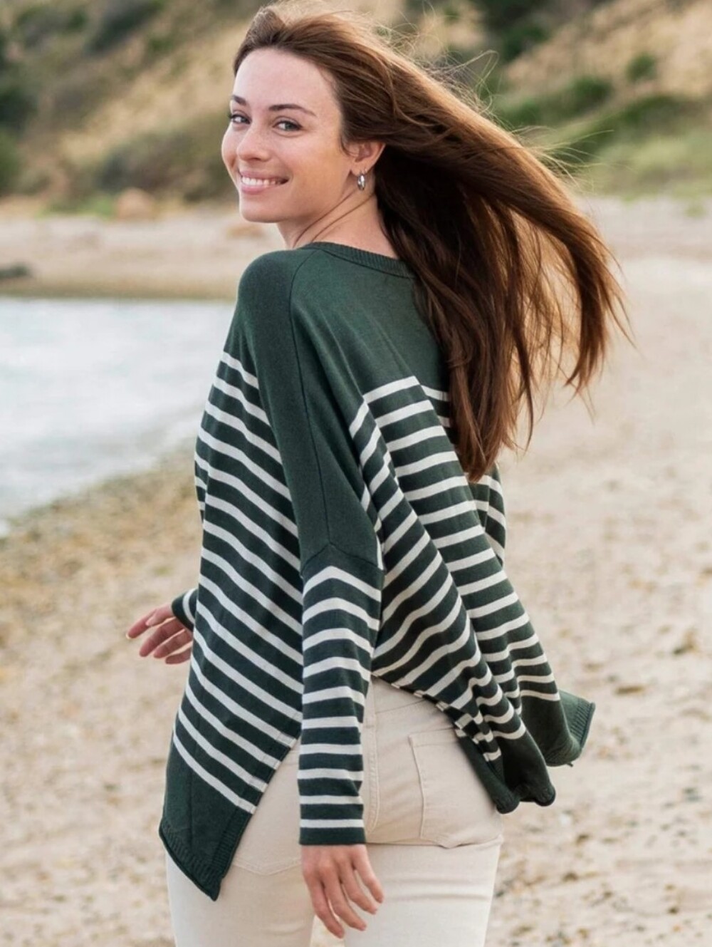 Mersea Dark Green & Cream Striped Crewneck Sweater